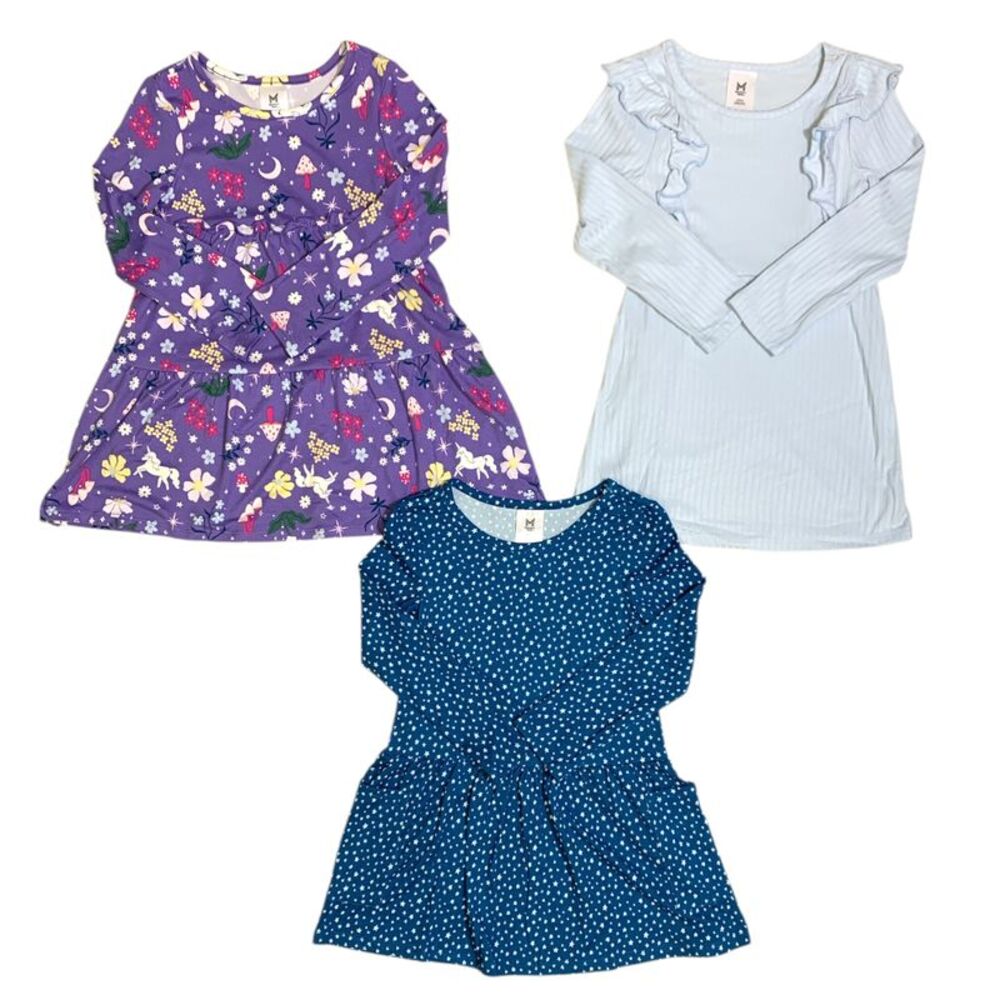 Girls' Purple Floral Dress, Light Blue Ruffle Top & Navy Dot Dress - 3-Pack